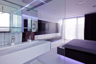 Modern White Double Basin Design with Large Mirror