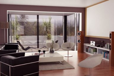 Neutral Living Room with Projector Screen and Glass Wall Ideas