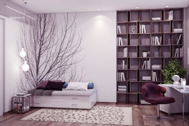 Neutral Nature Inspired Bedroom with Modern Bookshelves
