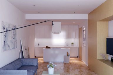 Open Living Room with White Kitchen Units Design