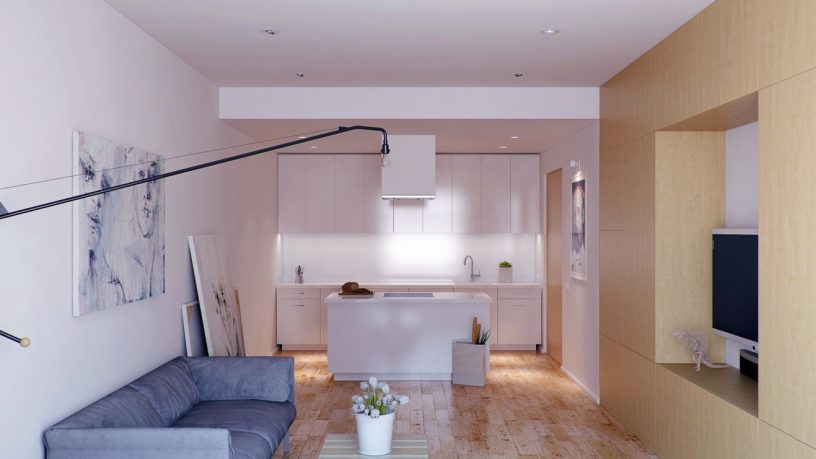 Open Living Room with White Kitchen Units Design