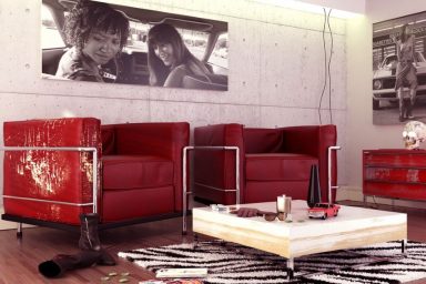 Red Black White Contemporary Living Room with Vintage Sofas