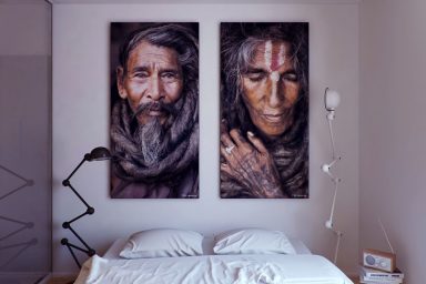 White Bedroom with Old Indian Man Artwork Wall Decor