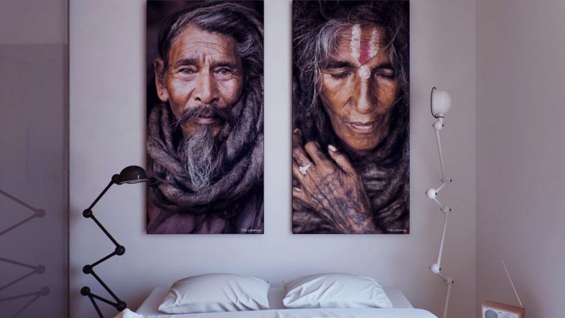 White Bedroom with Old Indian Man Artwork Wall Decor