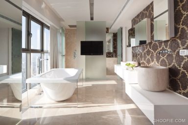 Modern Bright bathroom with Mosaic Tile Wall