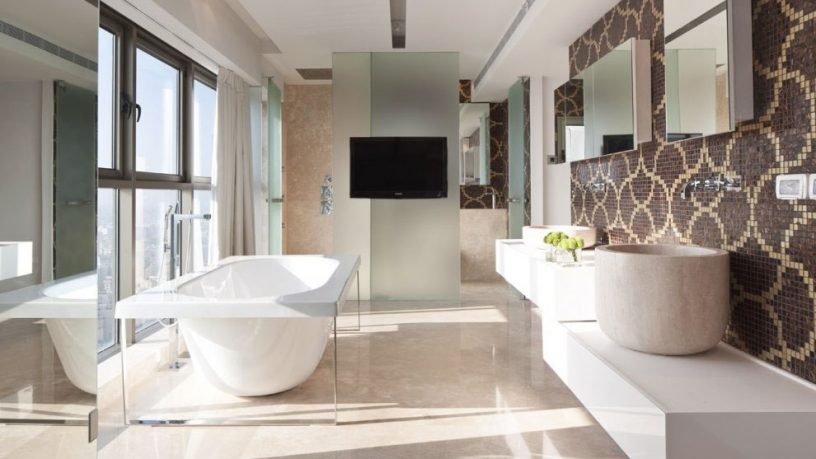 Modern Bright bathroom with Mosaic Tile Wall
