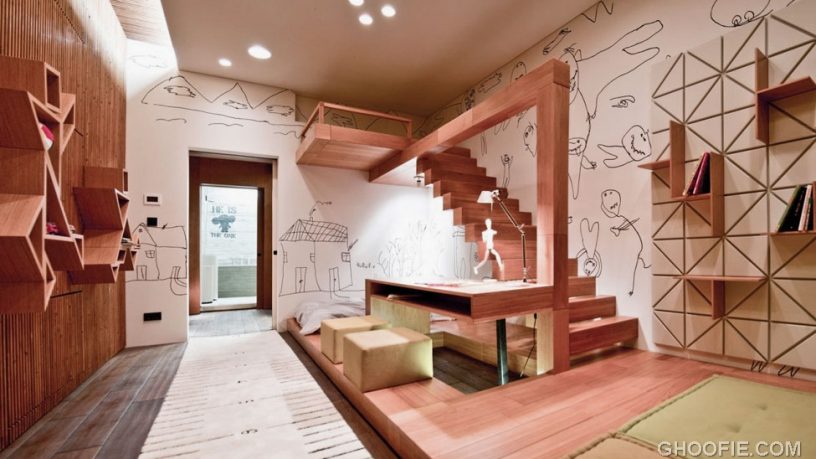 Modern Kids Room with Study Desk and Loft