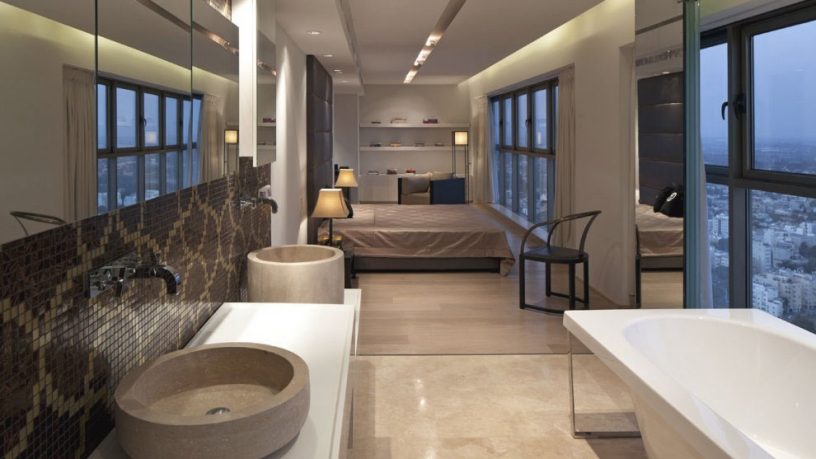 Neutral Bedroom Bathroom in One Area