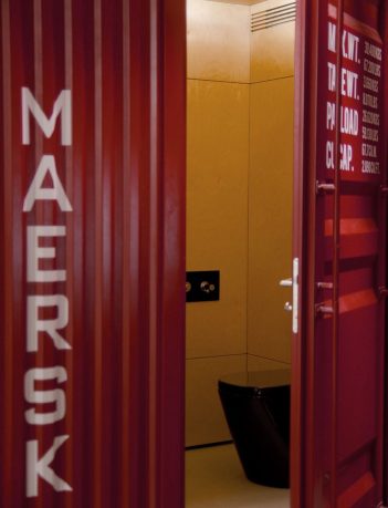 Small Container Bathroom with Yellow and Red Color