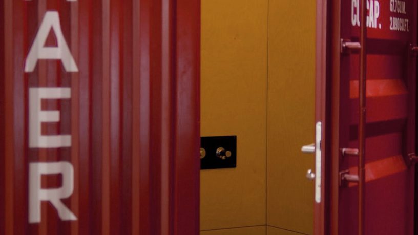 Small Container Bathroom with Yellow and Red Color