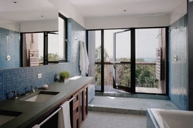 Bathroom Design with Blue Tile and Outdoor Deck