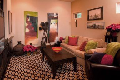 Classy Movie Room Design with Colorful Pillow