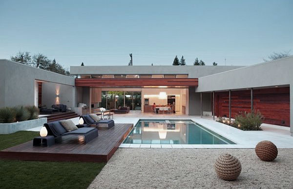 Courtyard Design with Modern Pool and Raised Deck