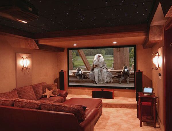 Family Media Room Design with Awesome Ceiling