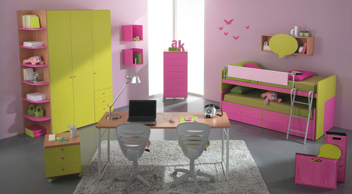 Pink Green Girls Bedroom with Bunk Bed and Study Desk
