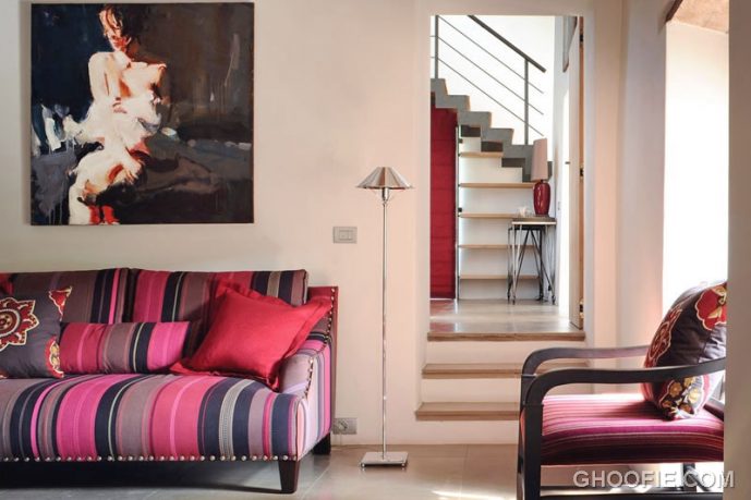 Pink White Living Room With Chrome Floor Lamp