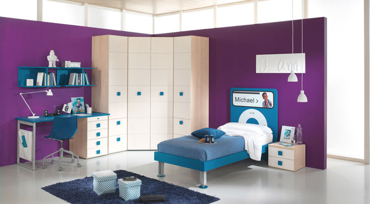 Purple and Blue Boys Bedroom with iPod Nano Decor