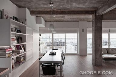 Concrete Dining Room Design with White Storage