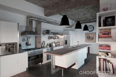 Modern Kitchen Loft Design with Unique Island and Concrete Ceiling