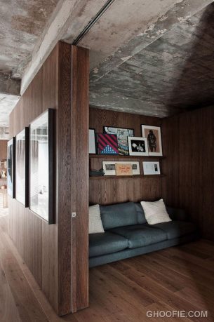 Wooden Reading Nook Design with Grey Sofa
