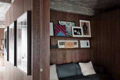 Wooden Reading Nook Design with Grey Sofa