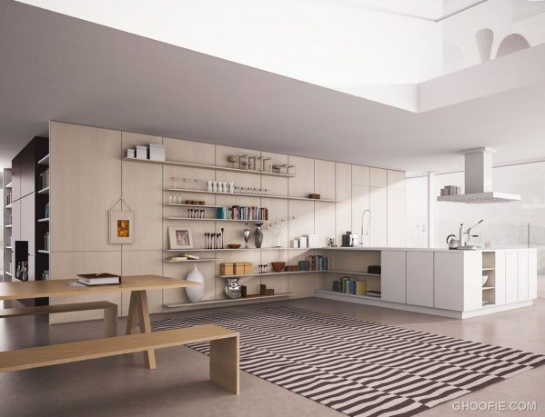 Awesome Kitchen Rendered with Simple Shelves