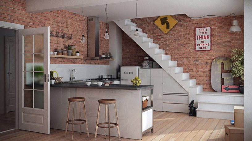Modern Kitchen with Brick Wall Decor