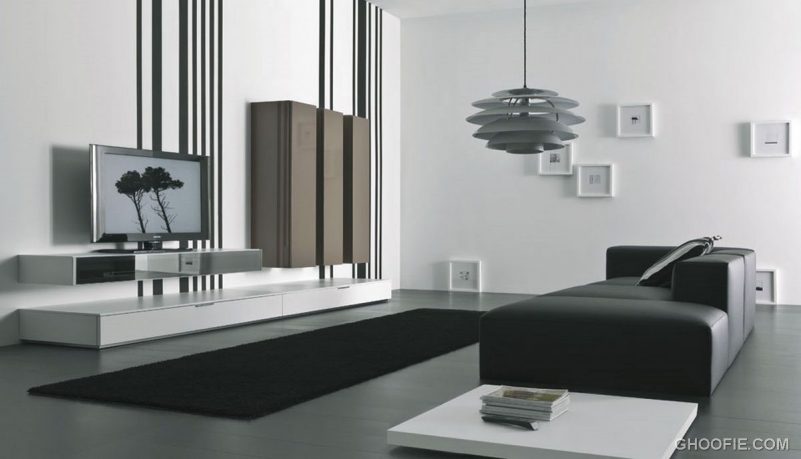 Black white Living Room with TV Wall Mount