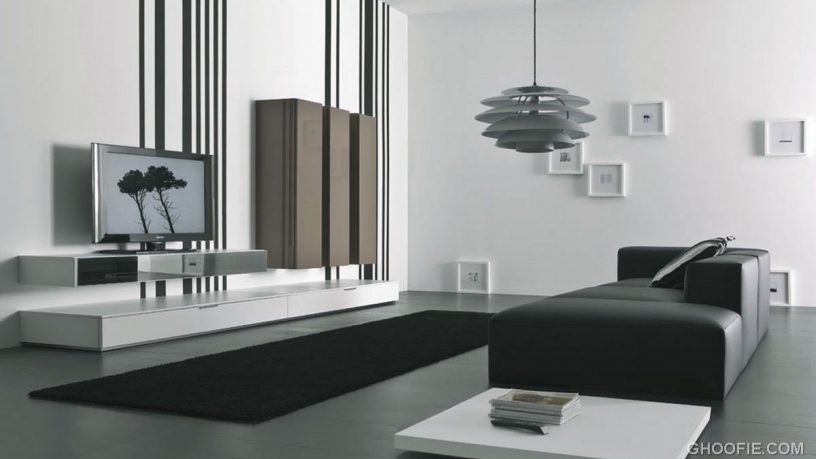 Black white Living Room with TV Wall Mount