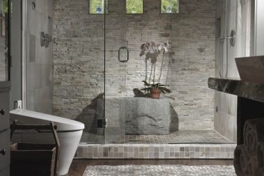 Unique Bathroom with Stacked Stone Wall