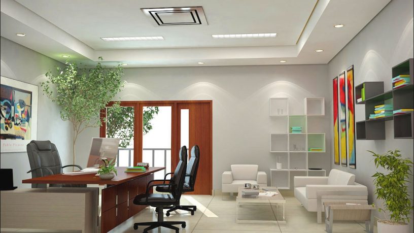 Bright Home Office Interior with Ceiling Lights