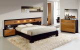 White bedroom design with wooden frame bed and headboard