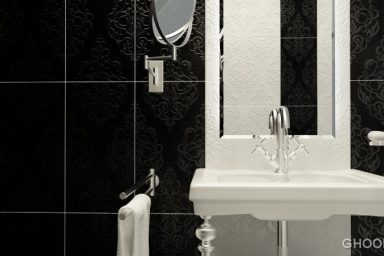Black Tile Wall Minimalist Mirror Toilet Cabinet Design