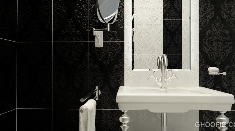 Black Tile Wall Minimalist Mirror Toilet Cabinet Design