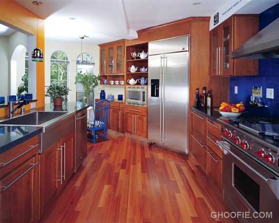 Spacious kitchen with wooden floor