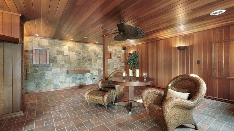 Basement ideas with marble floor and wood