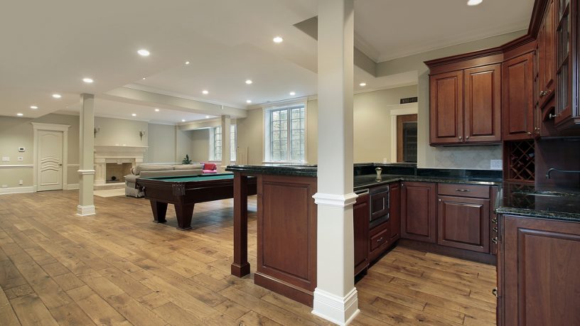 Basement with billiards and wood floor