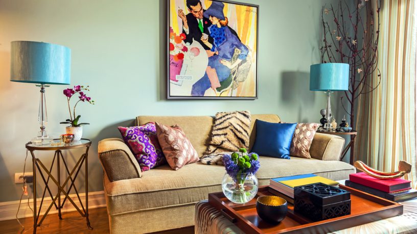 Colorful living room with blue lamps