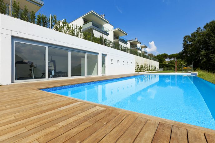 Flat pool with wood deck