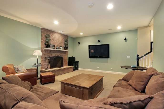 Modern basement with fireplace and lounge