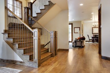 Modern entry way with wood flooring
