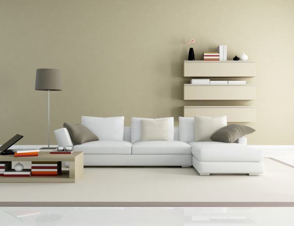 Simple modern living room with white couch