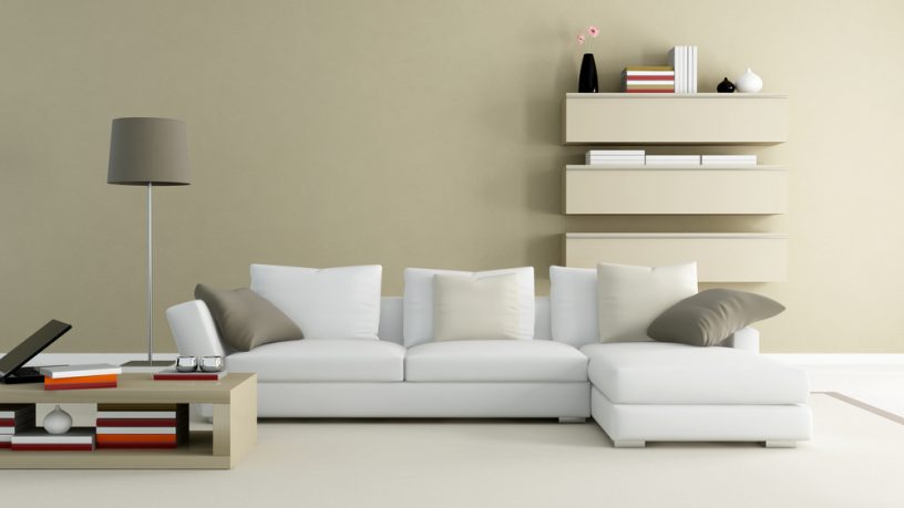Simple modern living room with white couch