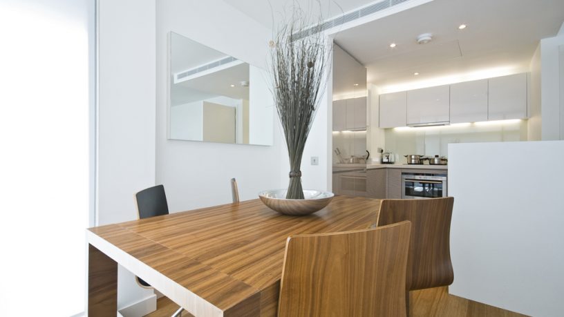 Neat wood table in dining room