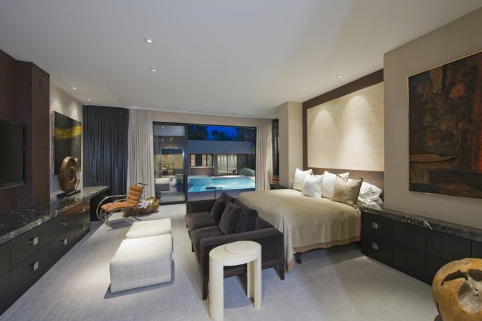 California dream home bedroom with pool view