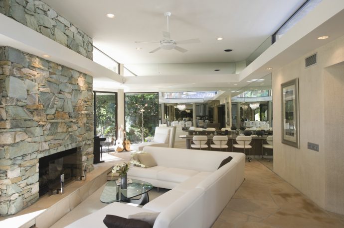 California dream living room with fireplace