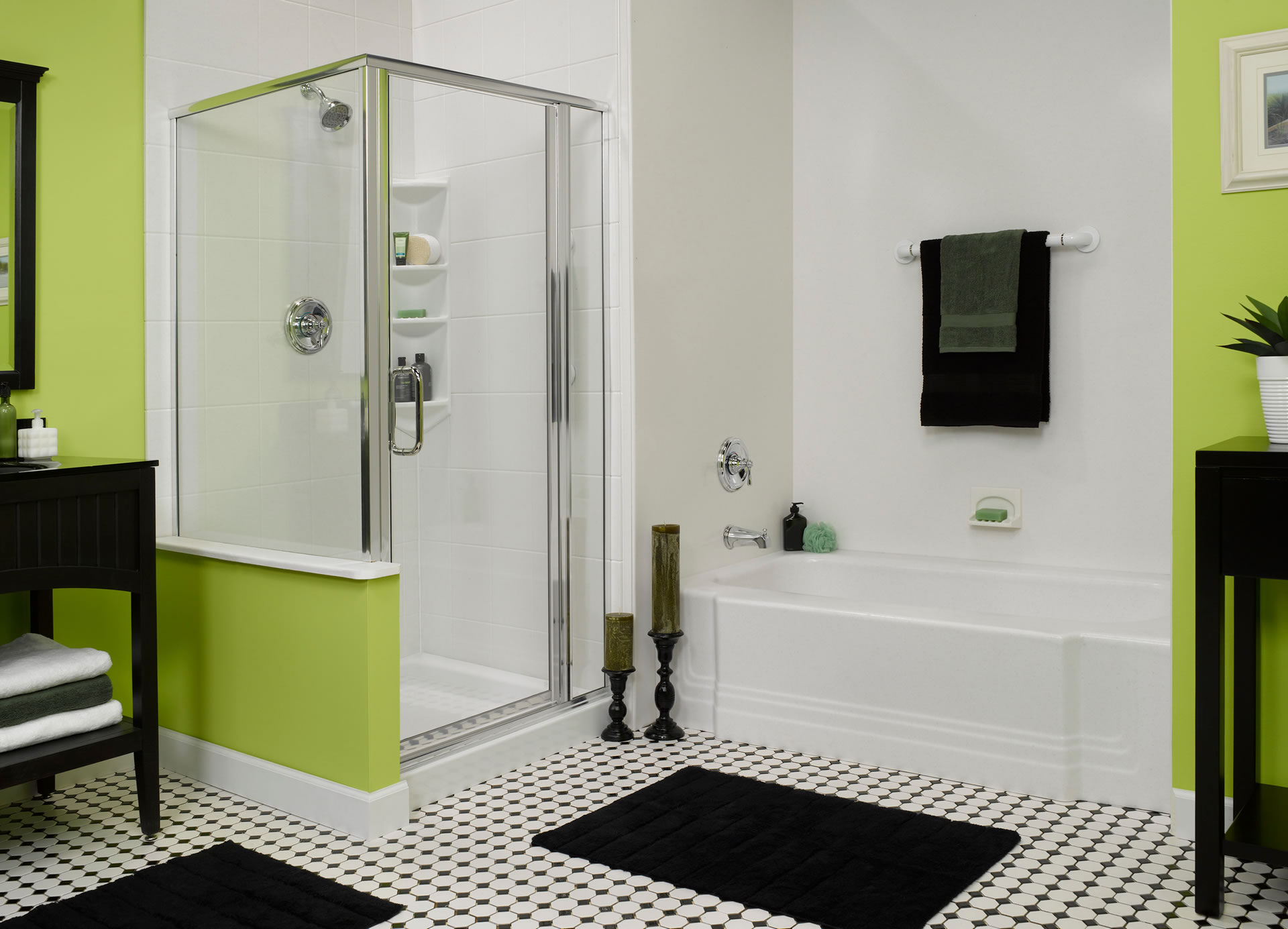 Black, white, and green bathroom design
